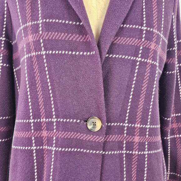 Jacket Lands End One button knit burgundy plaid cardigan pockets Small - Picture 4 of 12